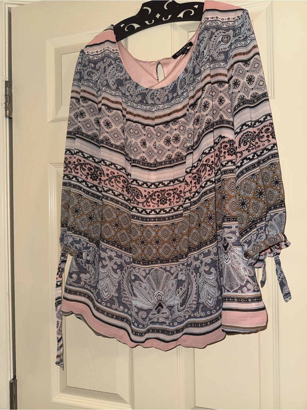Roz & Ali Pink, Blue & Brown Printed Tie-Sleeve Blouse